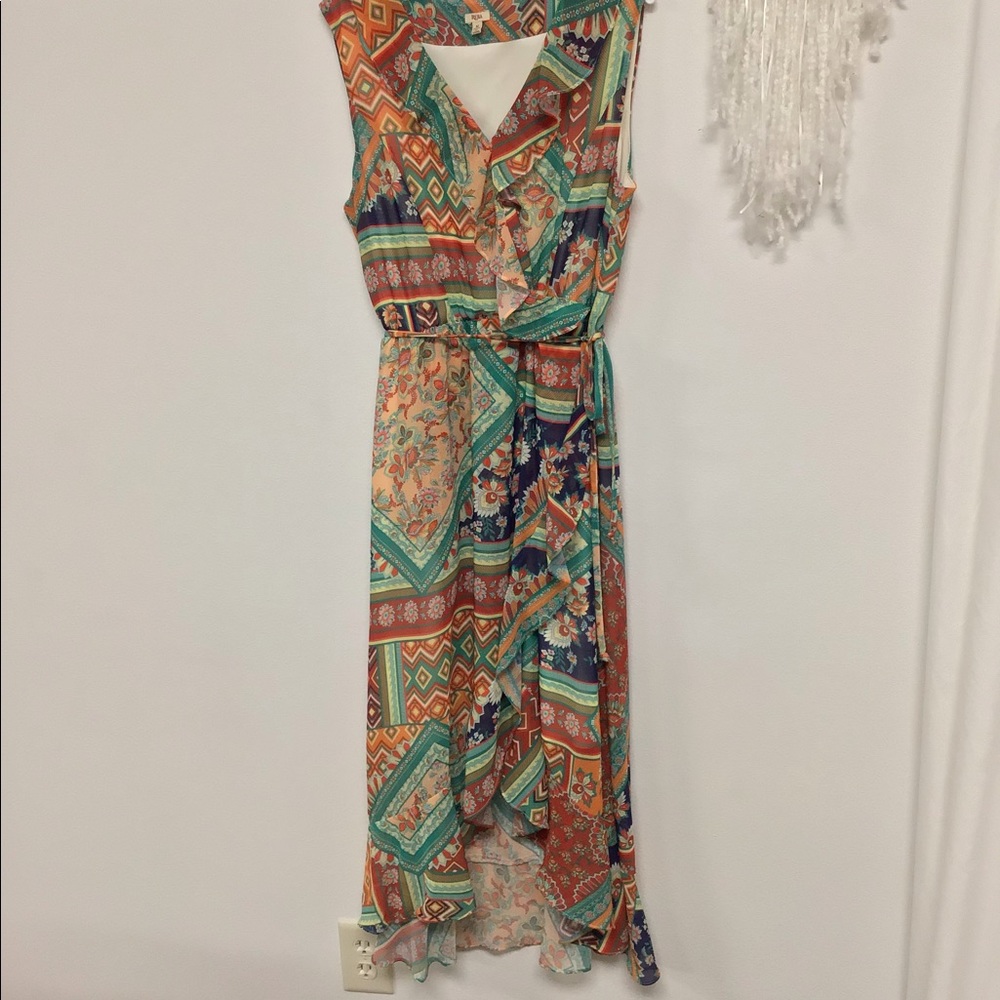 Reba high low ruffle mock wrap dress
